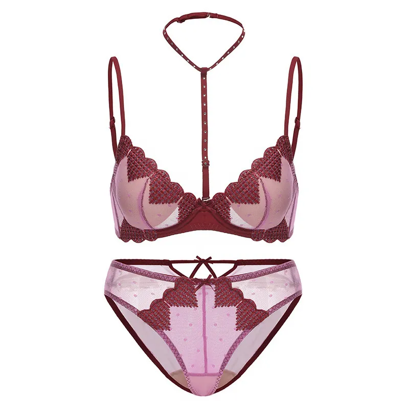 Lingerie Francese Sexy con Ricamo a Cuore in Rete Reggiseno con Ferretto E Slip Con Spallina all'Americana in Strass Removibile Per Donna Push Up