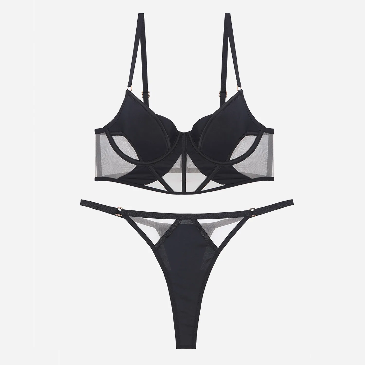 Français Sexy Mesh Corset Soutien Gorge Et Culotte Pour Femmes Ultra Mince Transparent Bustier Top Lingerie String Ensemble