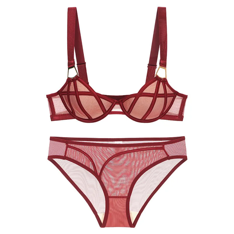 Estilo Francés Sujetador de Malla Delgada Sexy Con Aro Push Up Top And Bottom Poliamida Spandex Lencería Transpirable Para Mujer