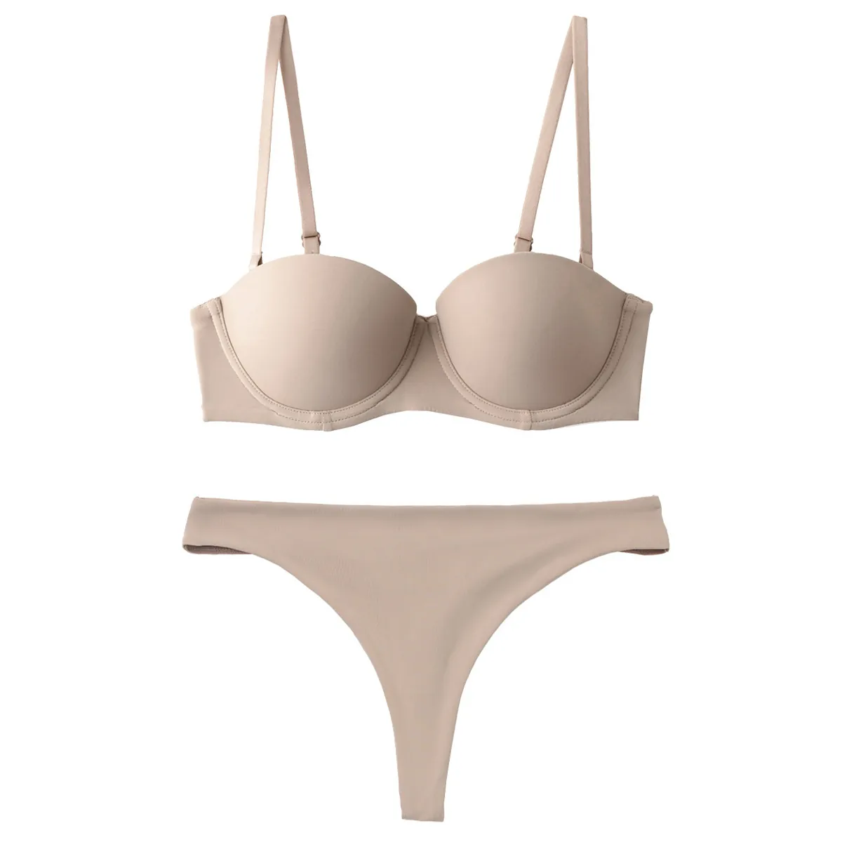 Seamless Strapless Push Up Bra And Thong For Women Smooth 1/2 Cup Underwear With Detachable Straps