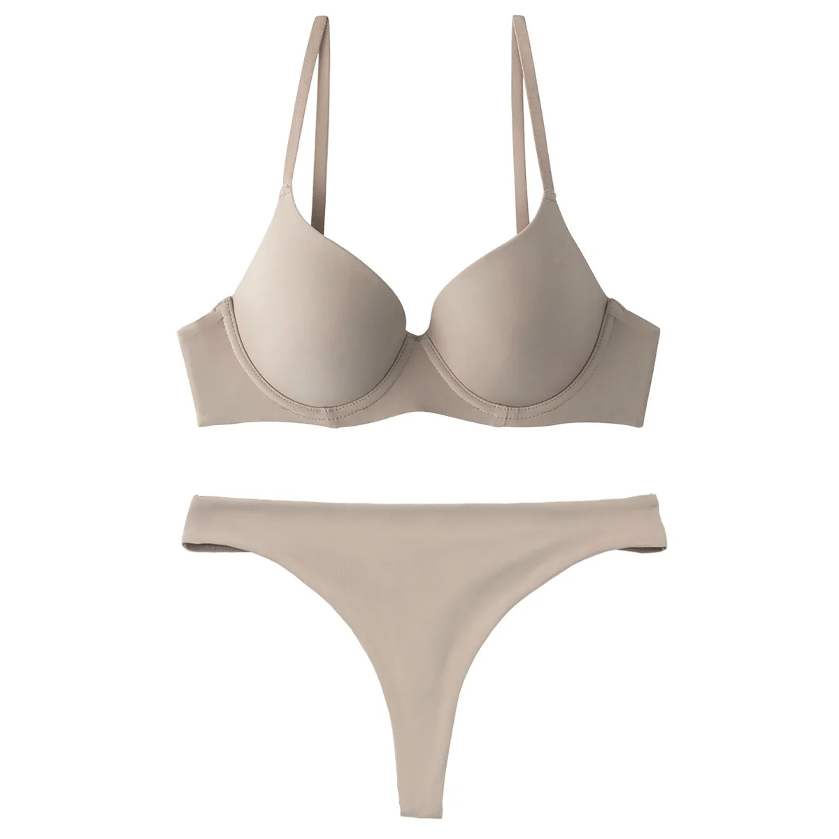 Women Sexy Seamless Lingerie Thin Molded Cup Bra And Thong Briefs Two Part Solid Color Wireless Underwear
