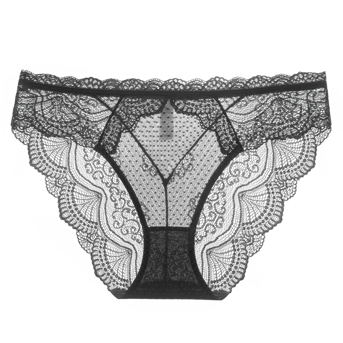 Sexy Lace Panties Women's French Ultra-Thin Transparent Mesh Low Waist Briefs Floral Polka Dot Seamless Hip Lift Underwear