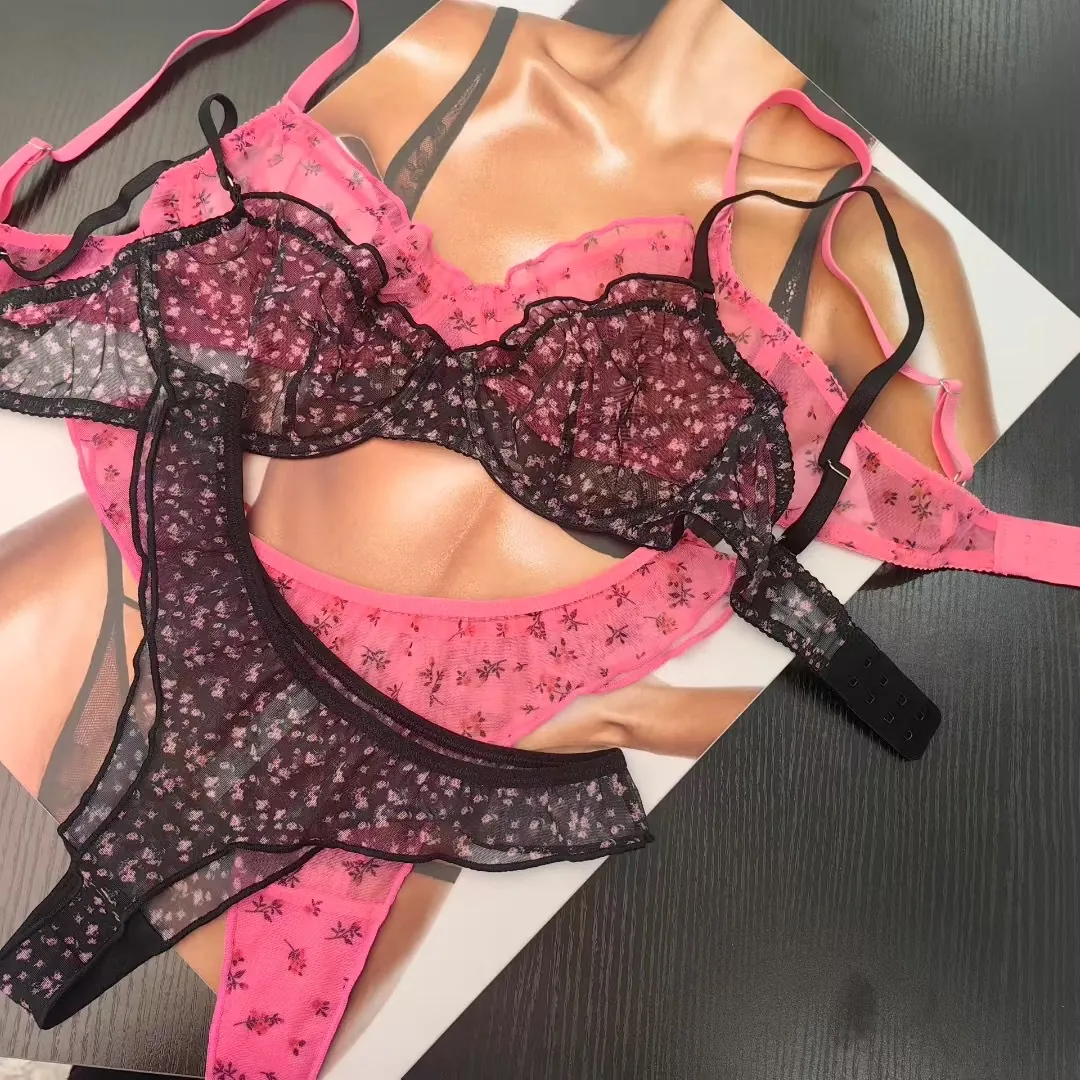 French Style Sexy Floral Lace Bra And Panties Ultra-thin Mesh Ruffle Underwire Lingerie Transparent Underwear For Women