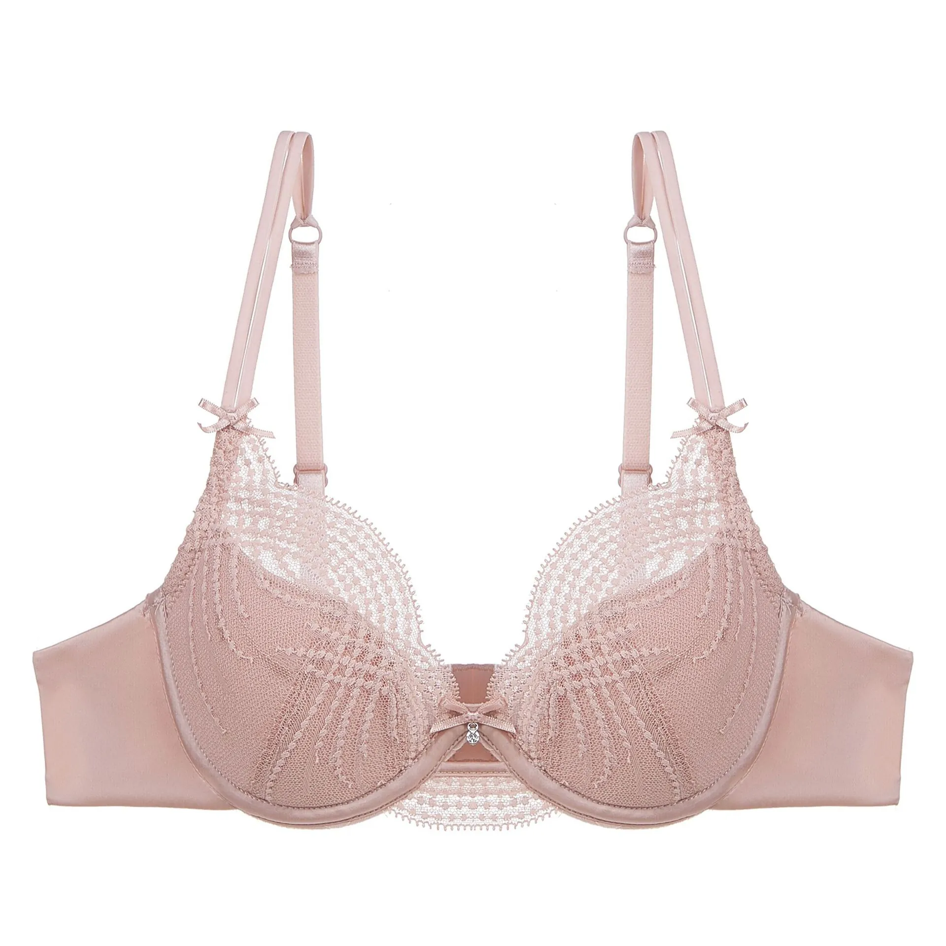 Women Sexy Lace French Style Thin Mold Cup Underwire Bra Large Bust Minimizer Anti-Sagging Bow Rhinestone Pendant Brassiere