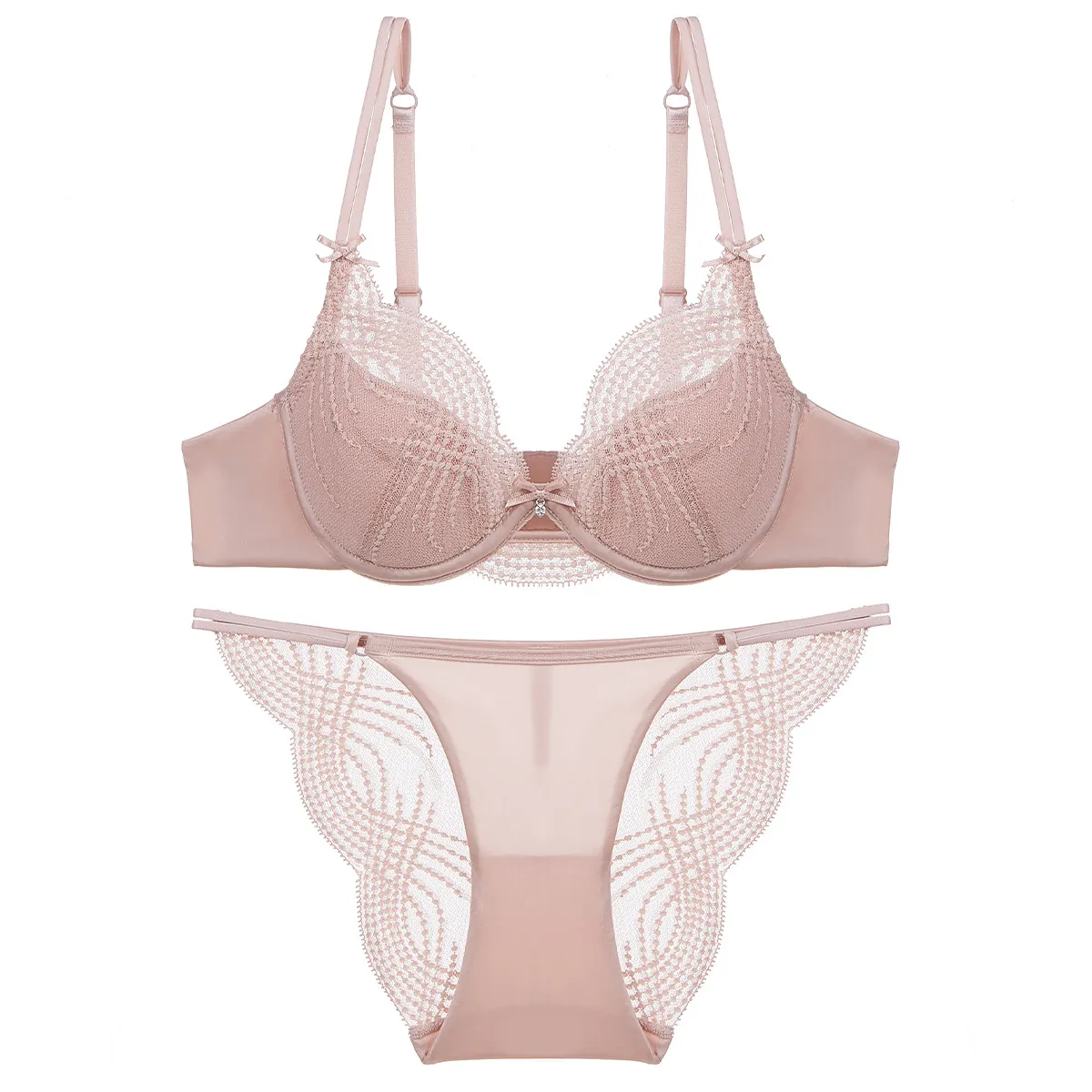 Women French Lace Rhinestone Bra and Panty Top And Bottom Lingerie Set Elegant Underwired Thin Mold Cup Intimates