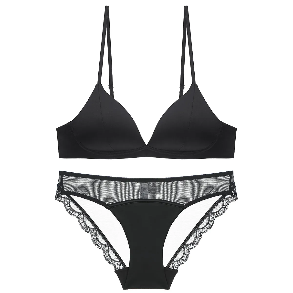 French Sexy Lingerie For Women Lace Satin Triangle Cup Wire-Free Bra And Panty Combination Bralette Comfortable Underwear