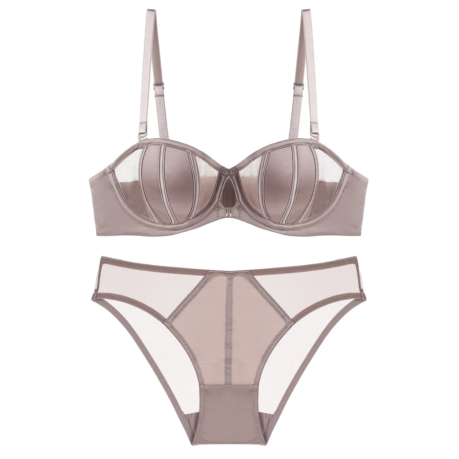 Donna Sexy Stile Francese Lingerie Senza Cuciture Top And Bottom Raso Mesh Mezza Coppa Halter Push Up Intimo Senza Spalline