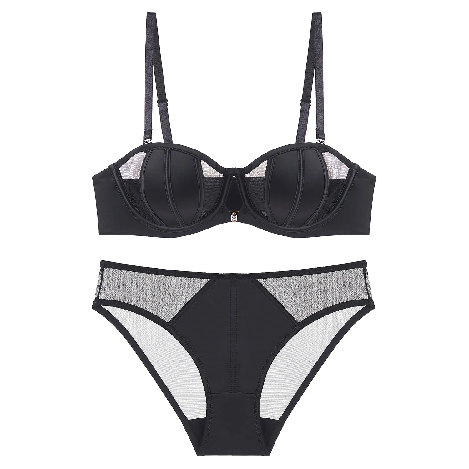 French Style Seamless Polyamide Bra And Brief Set For Women Sexy Mesh Patchwork 1/2 Cup Detachable Straps Lingerie Top And Bottom