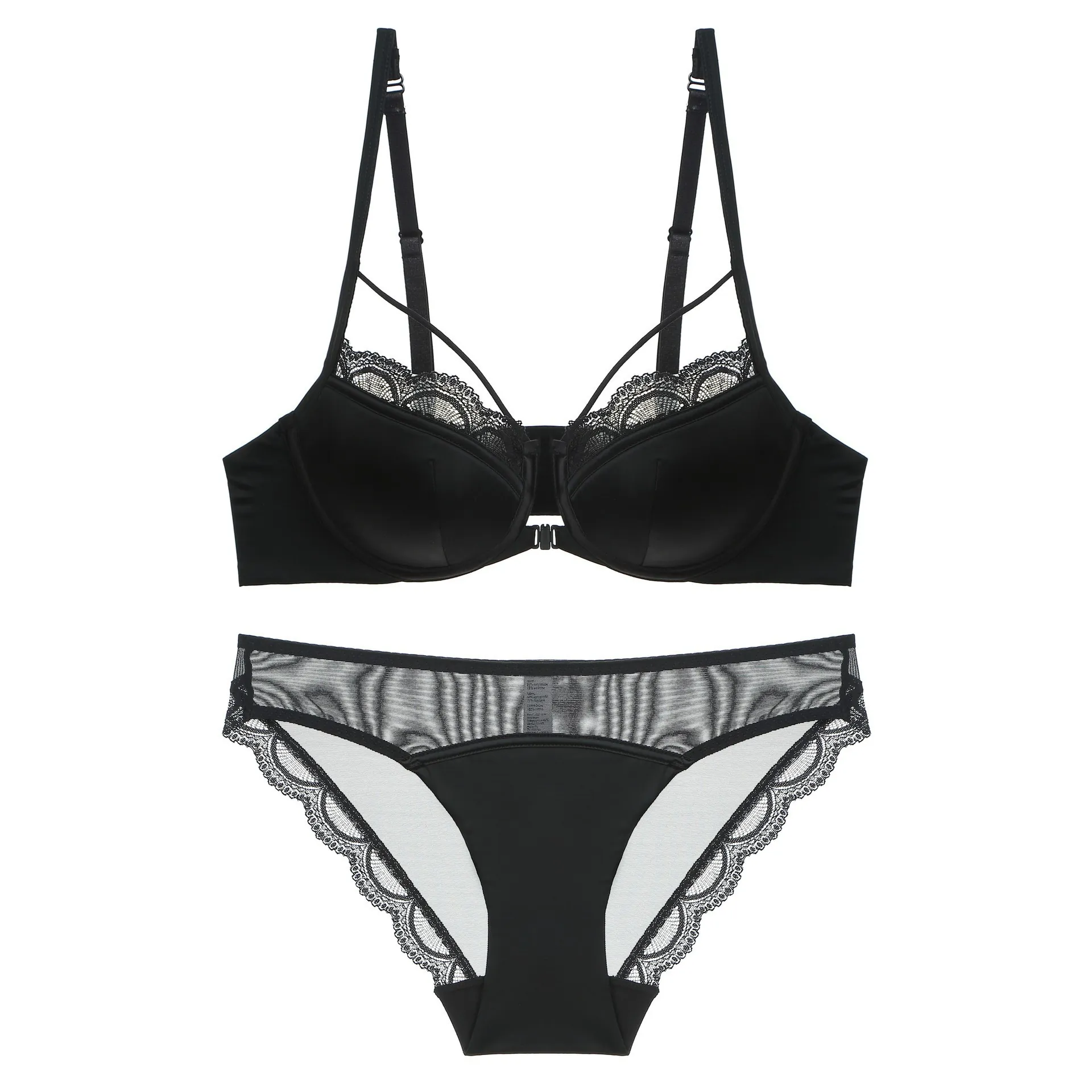 French Sexy Satin Lace Bra And Panties For Women Front Closure Underwire Minimizer Lingerie Comfortable Breathable Underwear