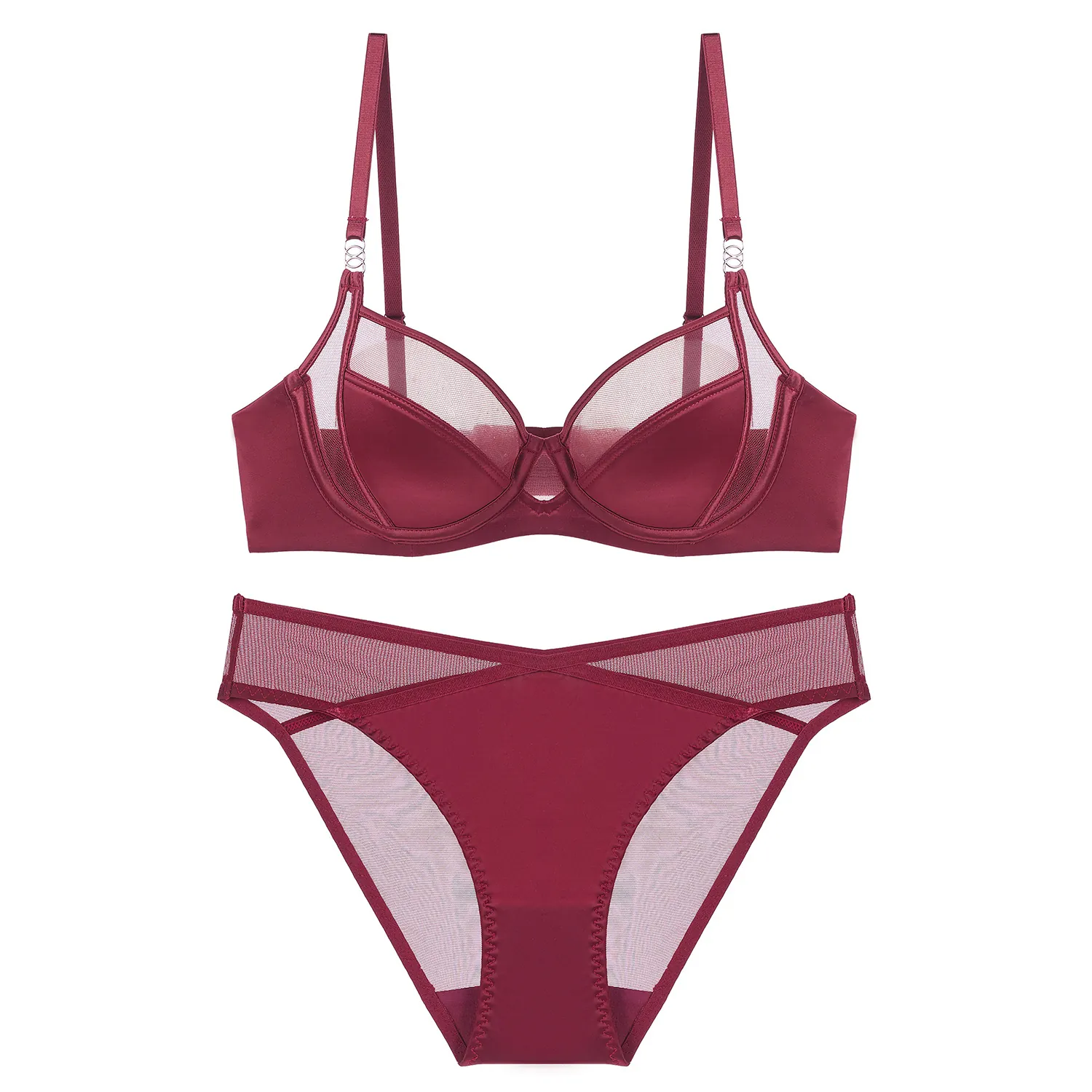 French Style Sexy Mesh Splicing Satin Top And Bottom For Women Underwire Push Up Thin Cup Breathable Lingerie
