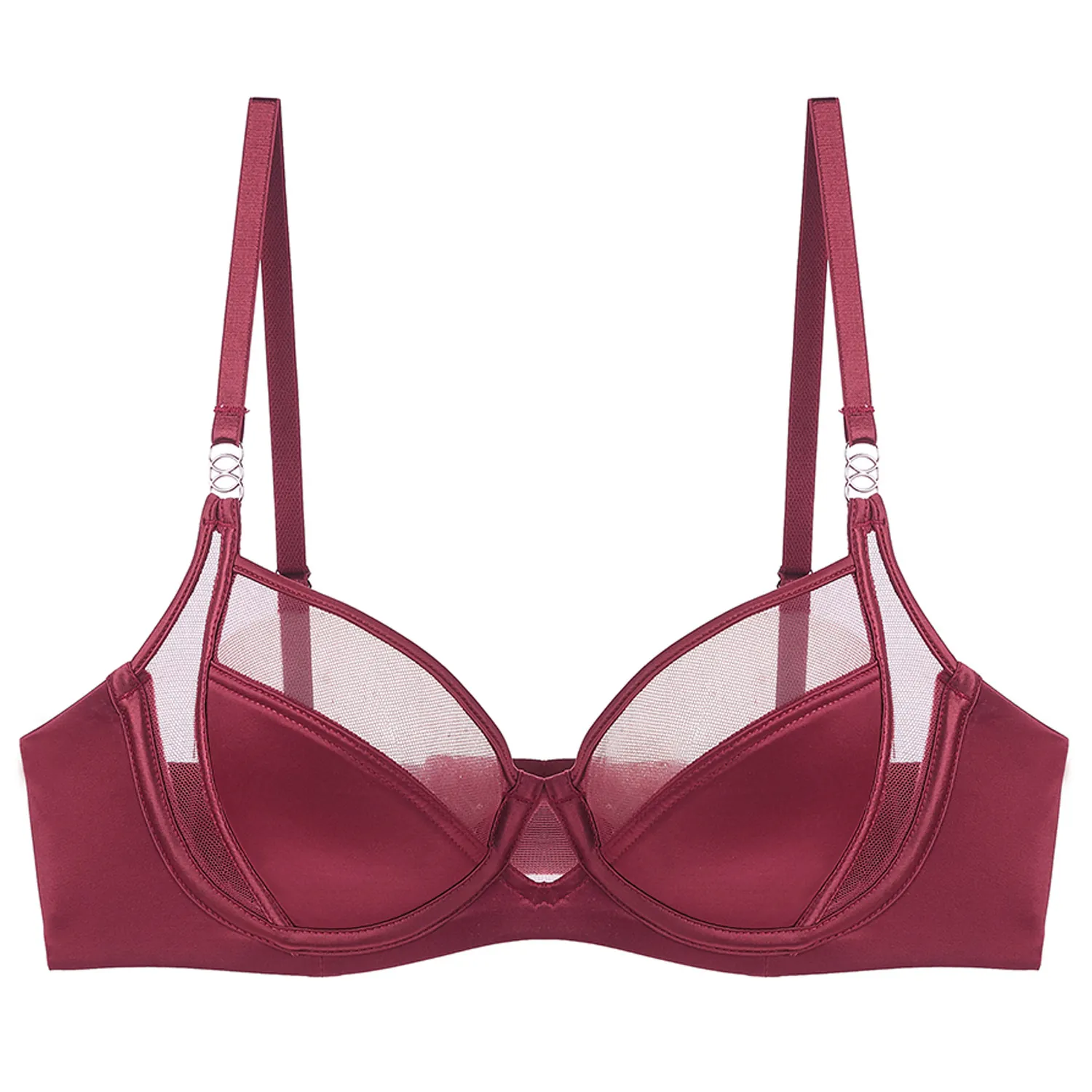 Sexy French Satin Mesh Splicing Bra For Women Underwired Thin Cup Minimizer Lingerie Glossy Elegant Push Up Support Bra