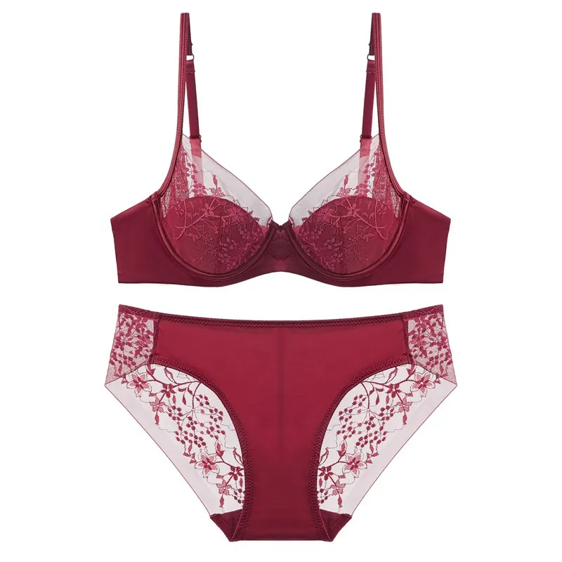 Women French Style Thin Lace Embroidered Lingerie Top And Bottom Sexy Floral Embroidery Underwear For Lady