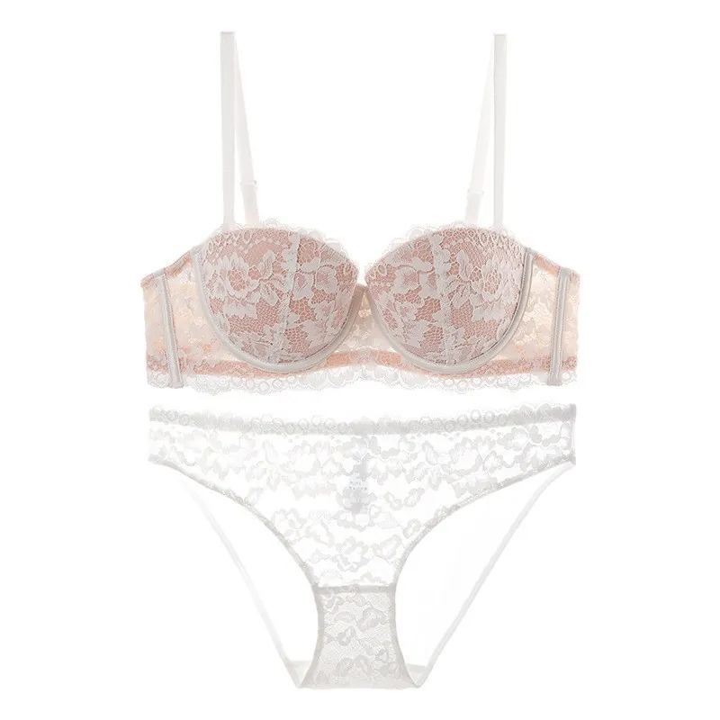 Women's Sexy French Lace Bra Top And Panties With Steel Ring Floral Push Up Underwear Half Cup Elegant Lingerie