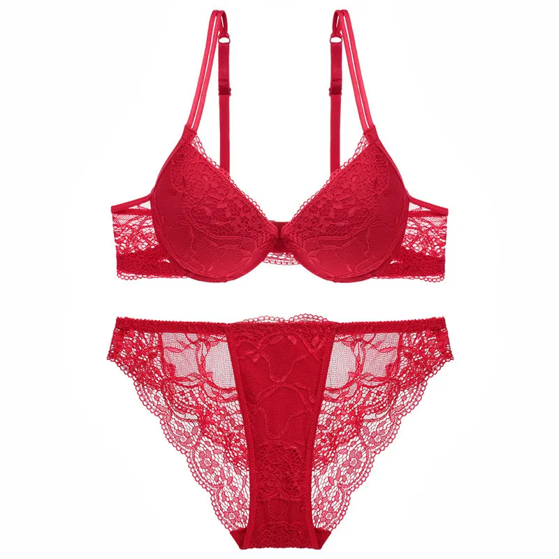 Women's Sexy Lace Bra And Panty Bra And Panty Deep V Floral Embroidery Push Up Lingerie Bra And Panty Briefs Bra And Panty