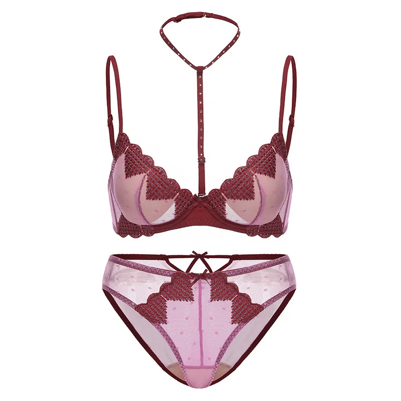 Sexy French Lingerie Heart Embroidery Mesh Underwire Bra And Panty With Detachable Rhinestone Halter Neck Strap For Women Push Up Intimates
