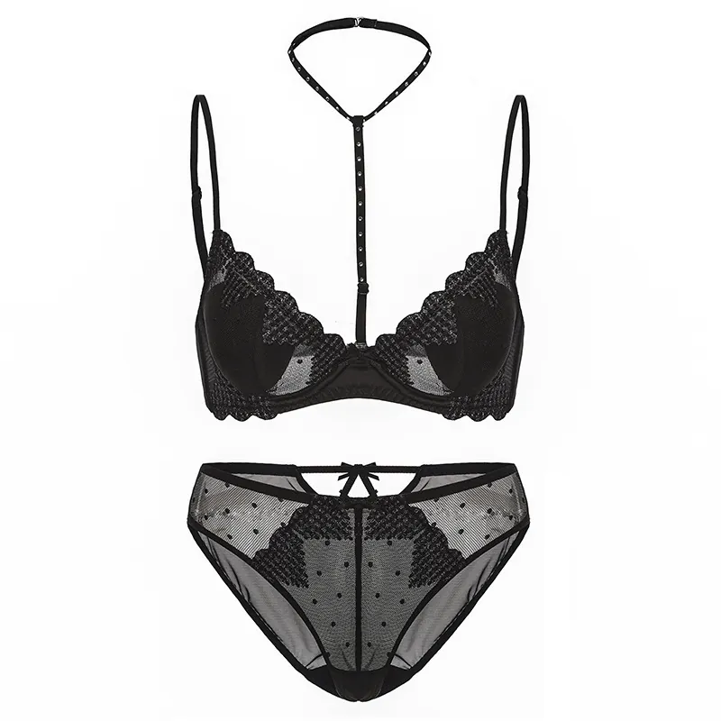 Lingerie Française Sexy Soutien-Gorge Et Culotte Broderie Cœur Maille Choker Strass Lingerie Pour Femmes Soutien-Gorge Et Sous-Vêtements