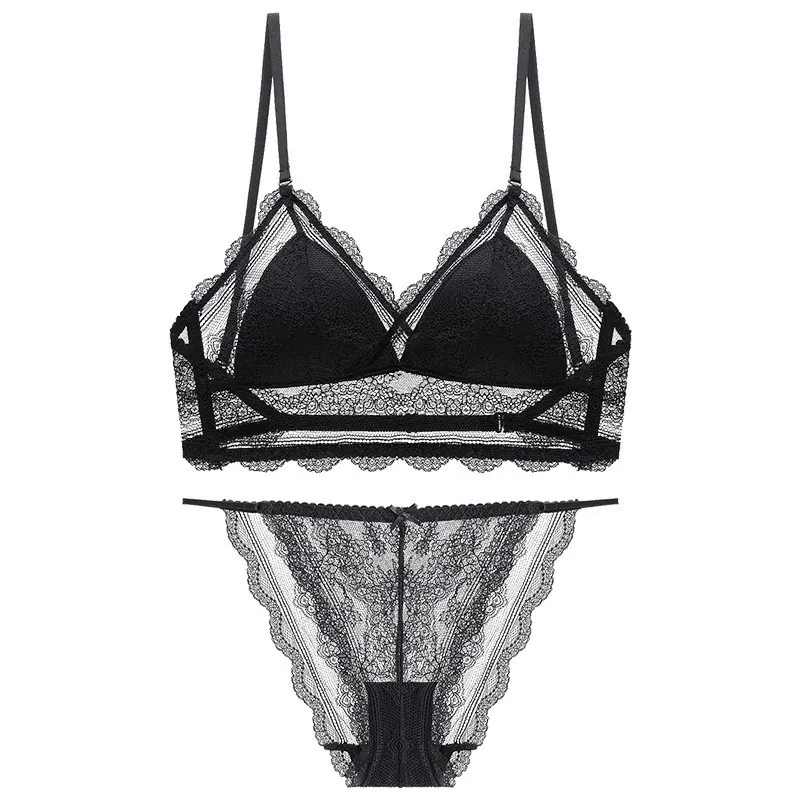 Sexy French Style Lace Lingerie Wireless Triangle Cup Bralette Deep V Backless Beautiful Back Bra And Panty Top And Bottom