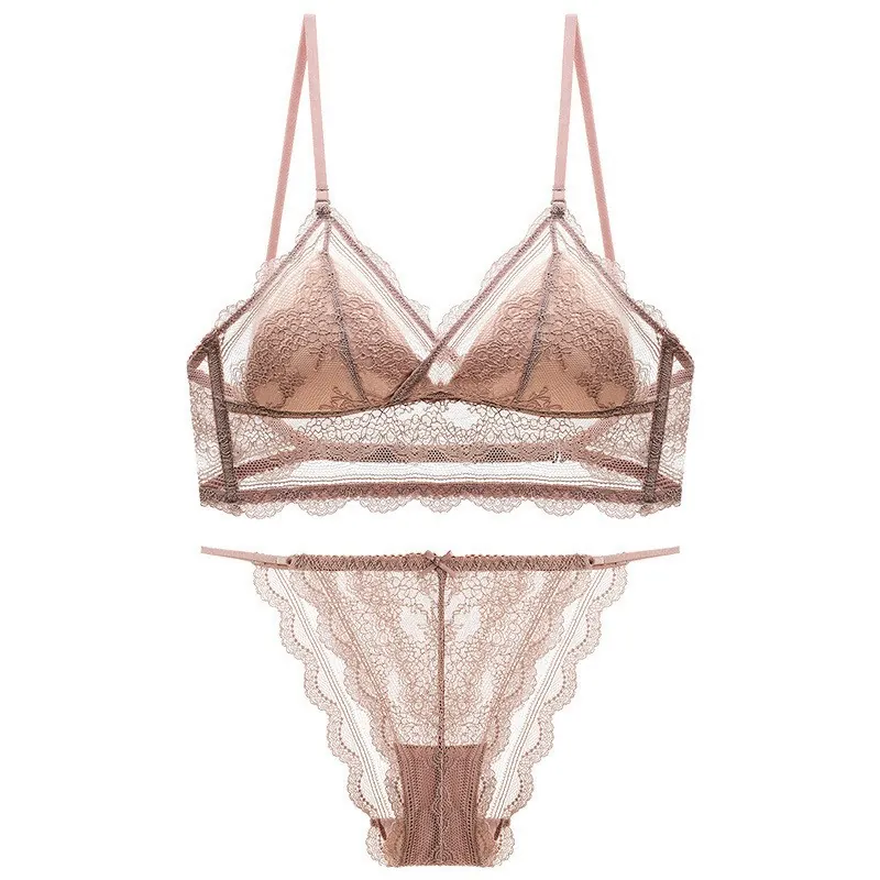 French Sexy Lace Lingerie Suit Thin Triangle Cup Wirefree Bra U-Shaped Low Back Adjustable Straps Underwear Floral Bralette