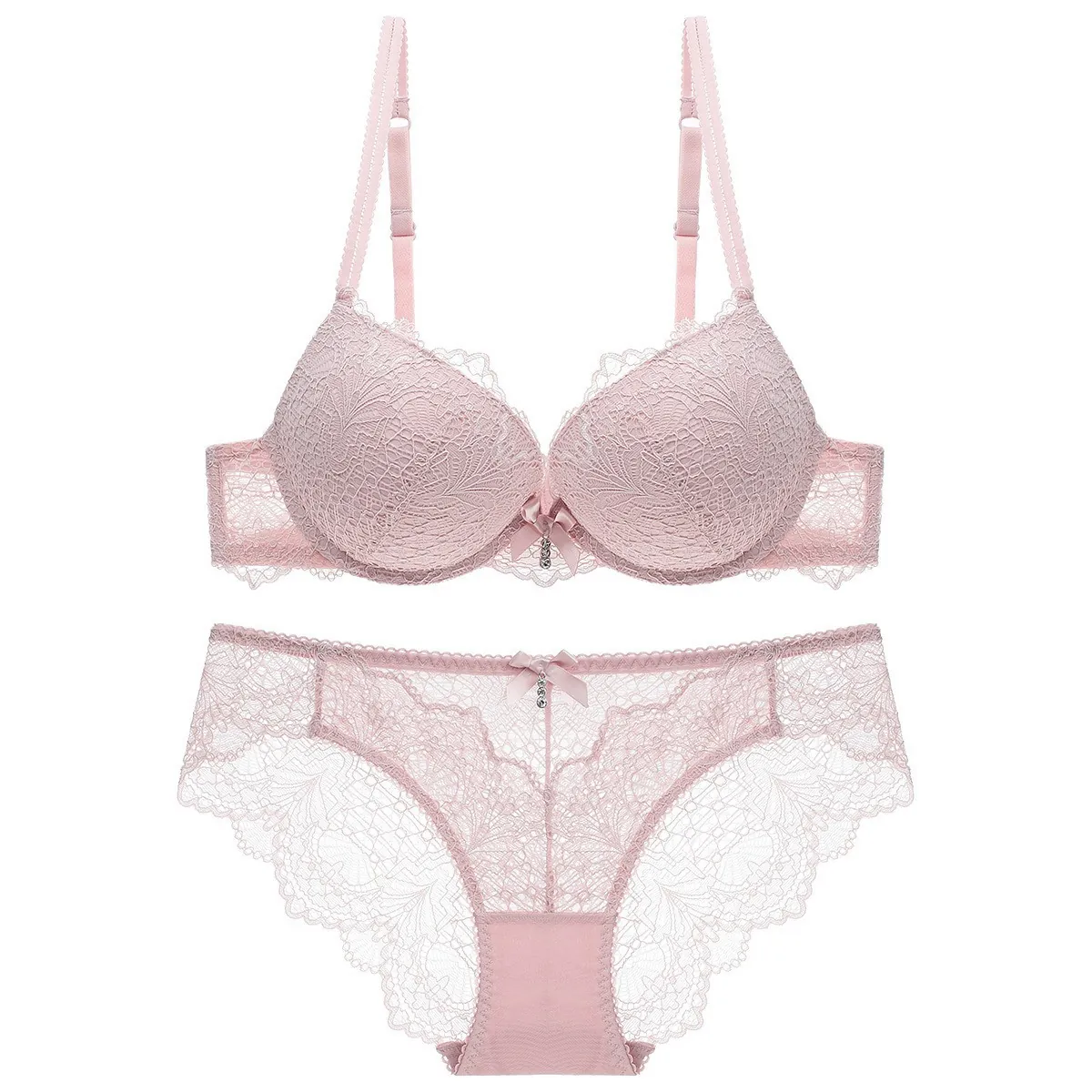 Women Sexy Floral Lace Bra And Panty Deep V Push Up Underwire Lingerie Polyamide Spandex Breathable Adjustable Straps