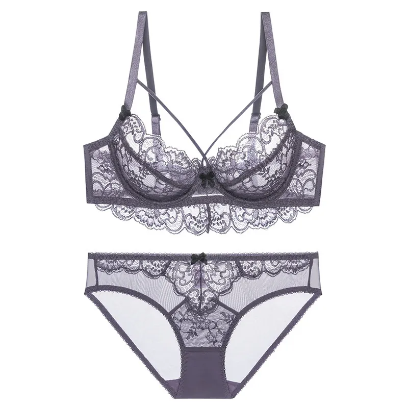 Nylon Spandex French Lace Bra And Panty Top And Bottom Contrast Color Bow Breathable Ultra-Thin Lingerie For Women