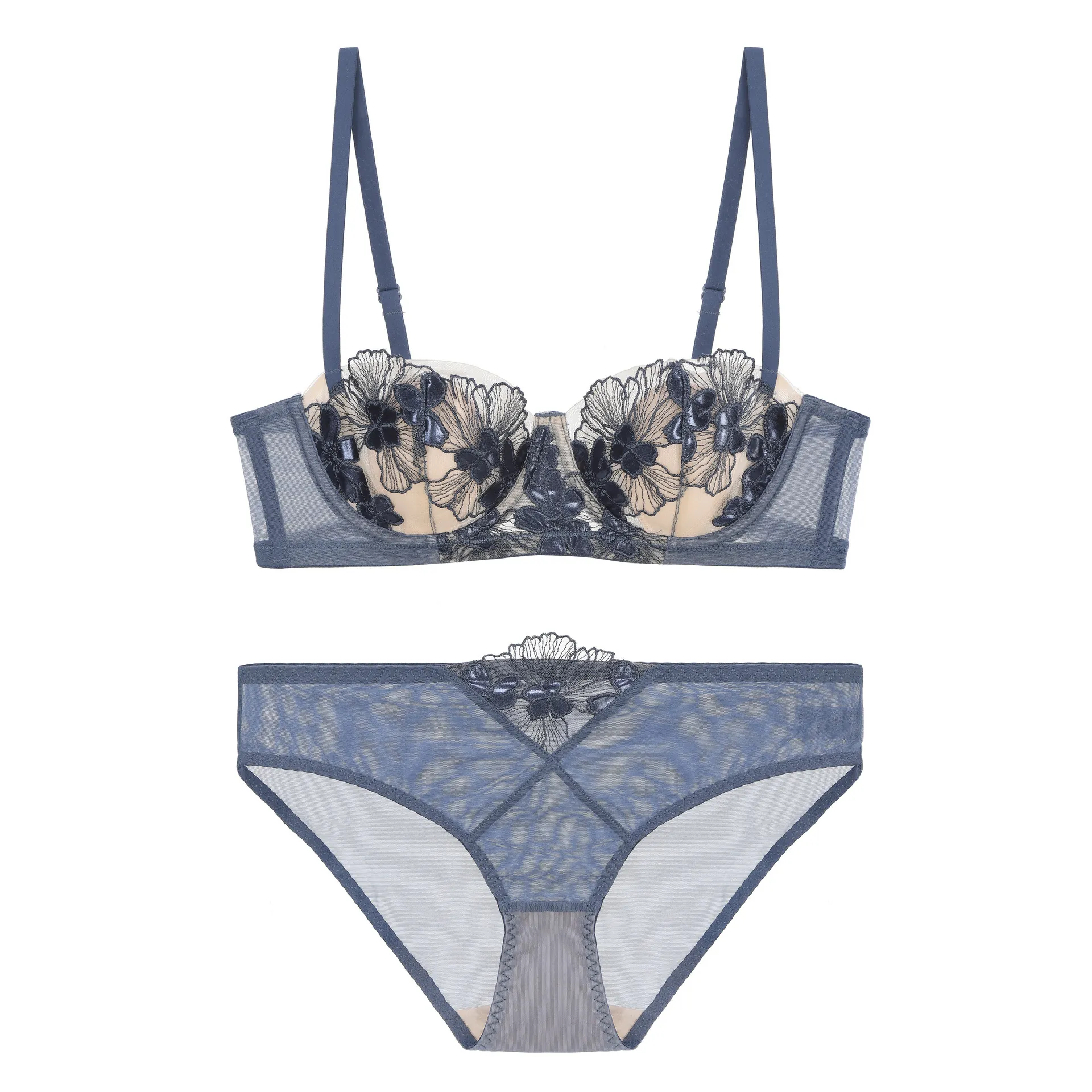 Women Sexy French Style Lace Embroidery Bra And Panty Set 1-2 Cup Push Up Lingerie Set Transparent Mesh Lingerie Top And Bottom Nylon Spandex