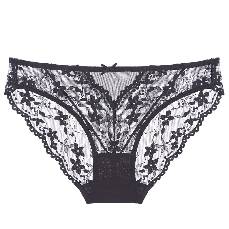 Culottes Sexy en Dentelle Française pour Femmes Ultra Minces Maille Ajourée Taille Basse Broderie Florale Slips Avec Entrejambe en Coton