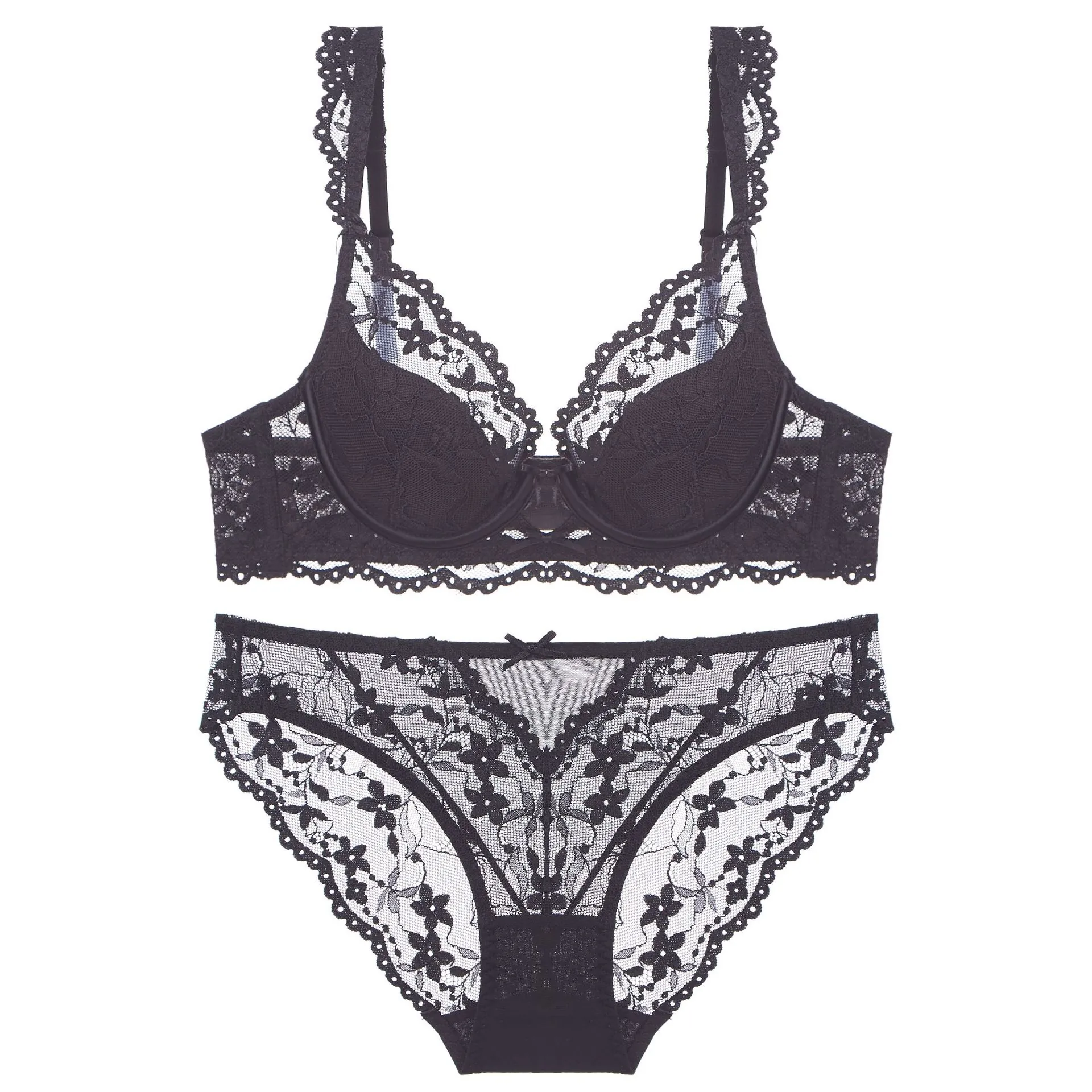 Soutien-gorge à Armatures en Dentelle Sexy et Culotte Pour Femmes Mince Push Up Style Français Broderie Florale Lingerie Sous-vêtements Transparent Top And Bottom