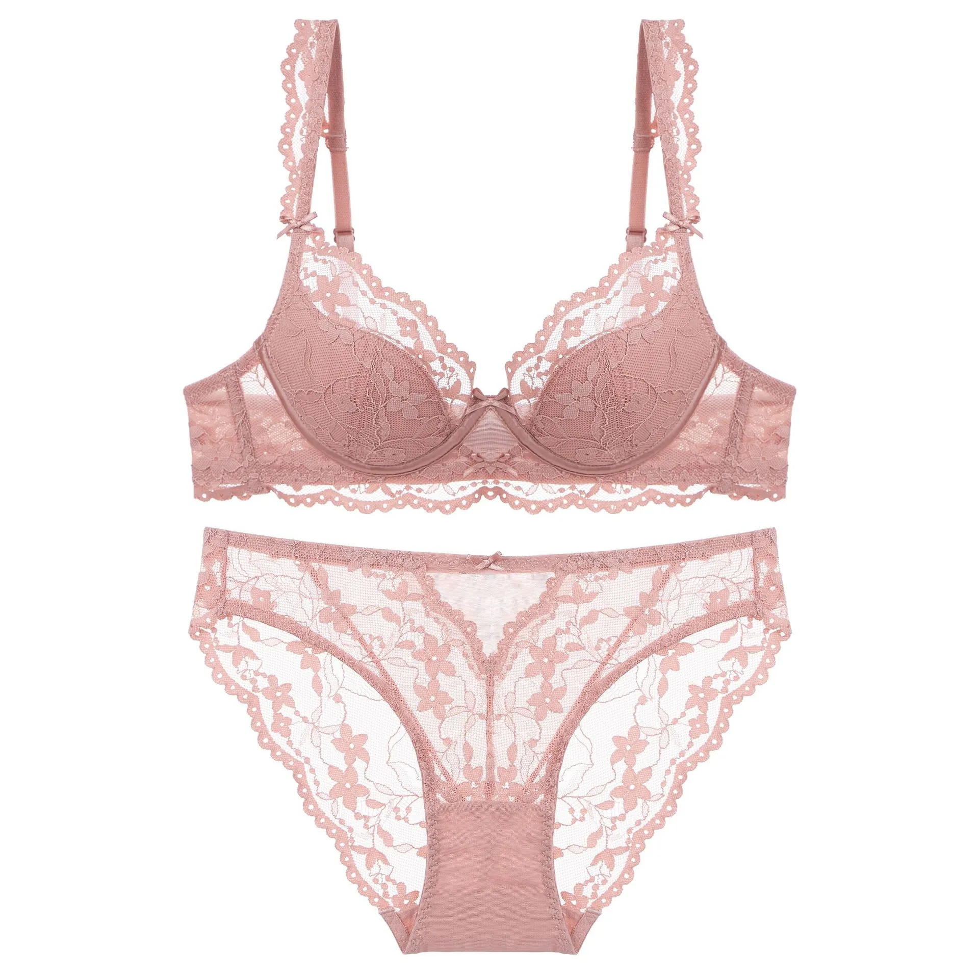 Lingerie Sexy en Dentelle Française pour Femme Soutien-Gorge Et Culotte Push Up Mince Avec Armature Broderie Florale Sous-Vêtements Romantiques