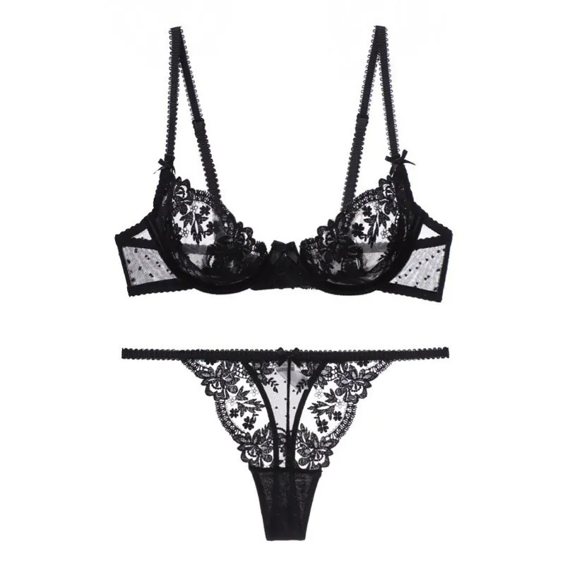 Lingerie Française Sexy Dentelle Florale Soutien-gorge Minimiseur Avec Armatures Et String Broderie Transparente Nœud Femme