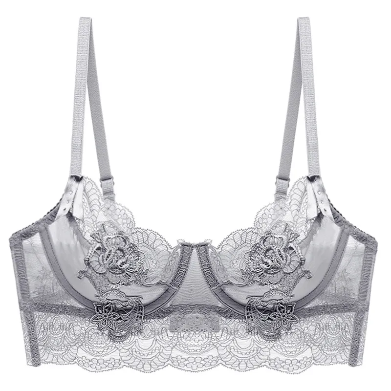 Women's French Sexy Ultra Thin Sheer Lace Bra Floral Embroidery Underwire Minimizer Lingerie Bralette For Daily Date Night