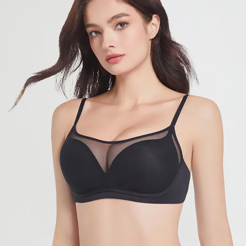 Women French Sexy Seamless Wireless Bra Mesh Patchwork V-Neck Thin Straps Gathered Breathable Underwear Bralette Comfort Lingerie