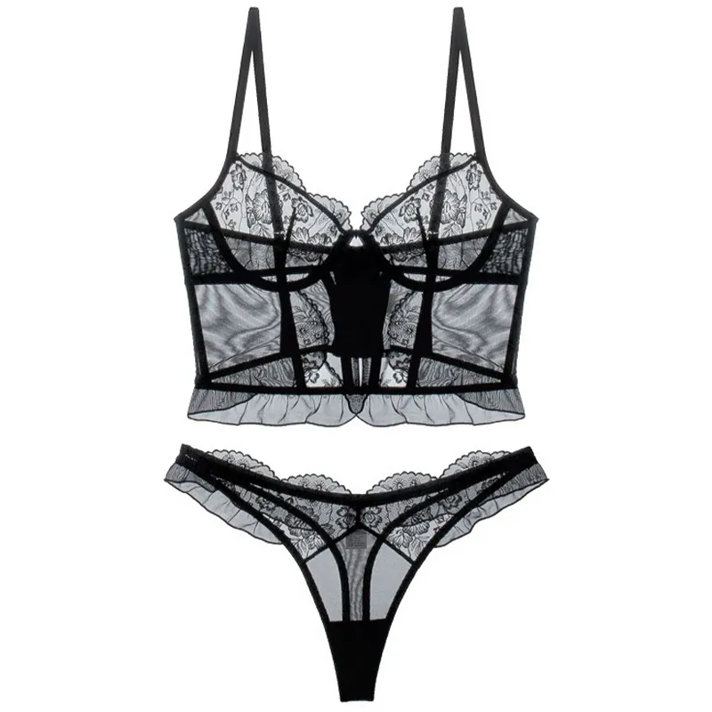 French Sexy Lace Bustier Lingerie For Women Hollow Out Embroidery Ultra Thin Corset Bra And Panty Top And Bottom
