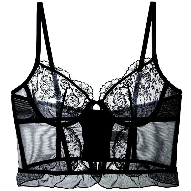 Sexy Lace Bustier Corset Bra For Women French Style Ultra Thin Floral Embroidery Mesh See Through Crop Top With Fishbone