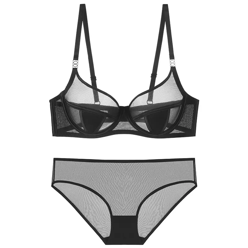 Sexy Ultra-Thin Mesh Sheer Lingerie Bra Set For Women Transparent Wired Lingerie Underwear Top And Bottom Set