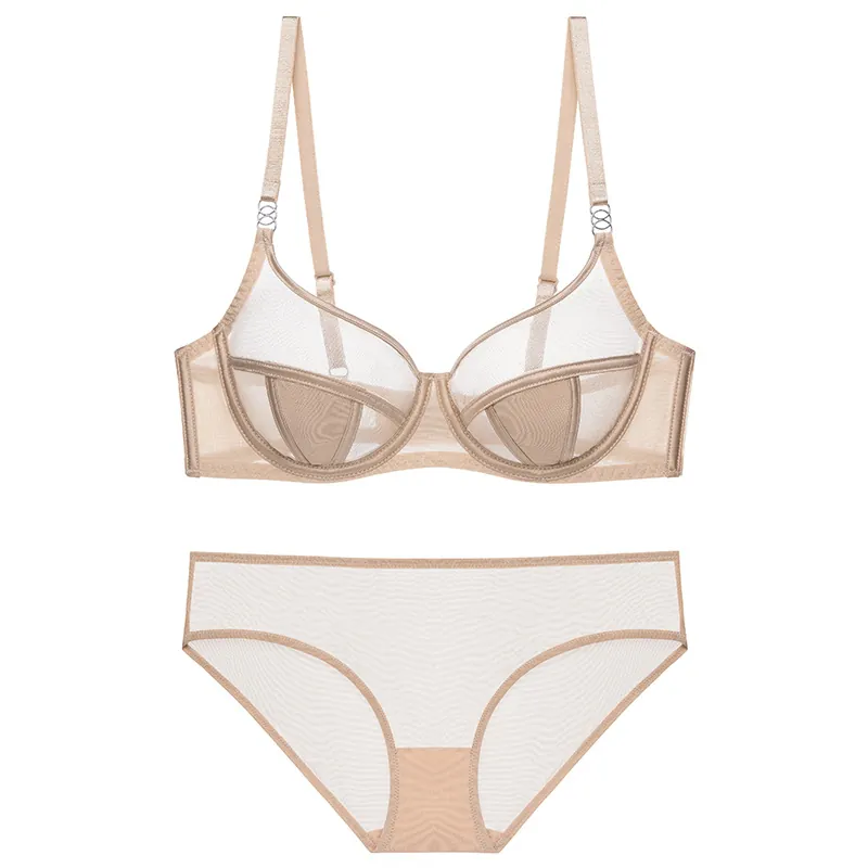 Sexy French Lace Mesh Lingerie Set For Women Ultra Thin Underwire Bra And Panty Set Breathable Minimizer Underwear Set