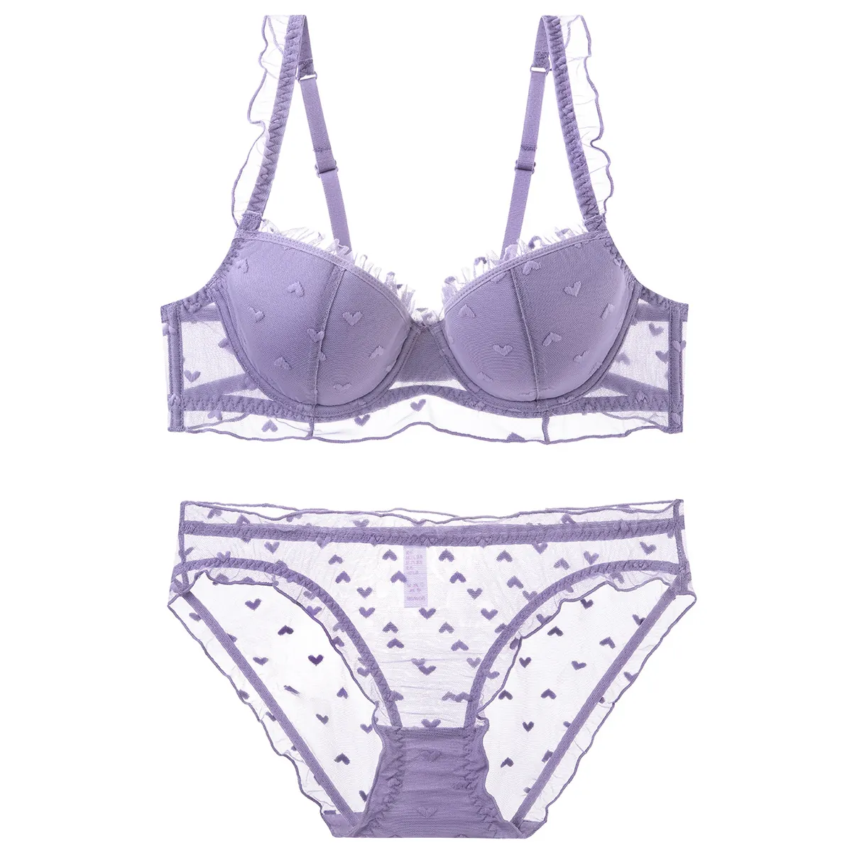 Lace Mesh Bra And Panty For Women Heart Pattern Ruffle Underwired Sheer Lingerie Top And Bottom French Style Breathable Intimates