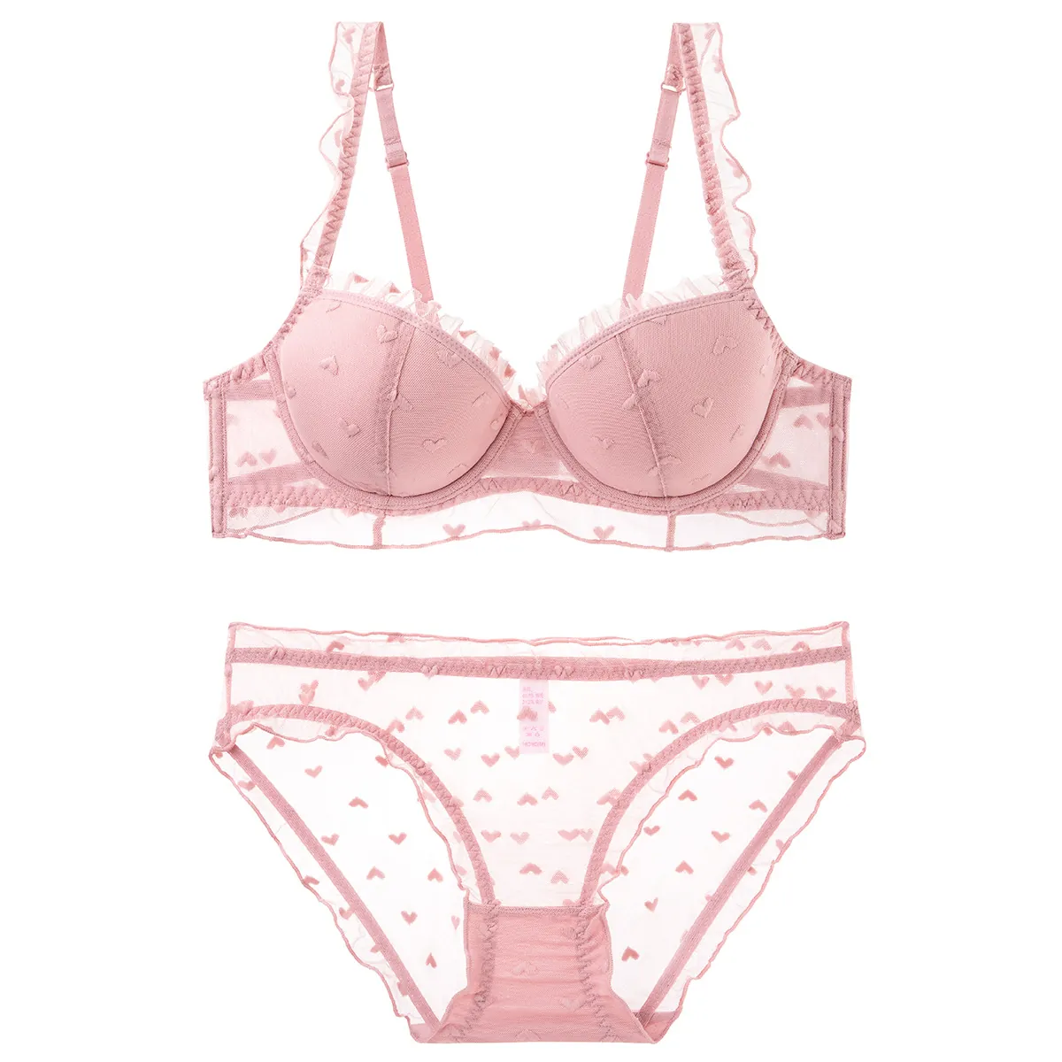 Women French Sexy Lace Bra And Panty Top And Bottom Heart Embroidery Ruffle Thin Mold Cup Plus Size Lingerie Set