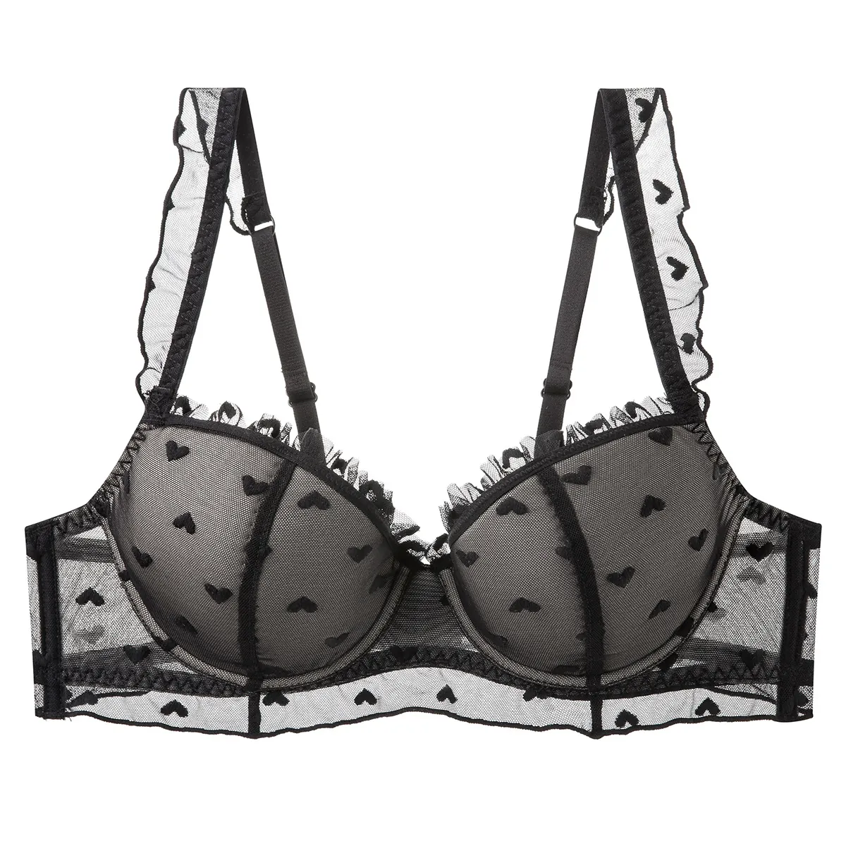 French Sexy Lace Bra For Women Thin Mesh Heart Embroidery Underwire Bra Ruffle Trim Breathable Minimizer Lingerie Top
