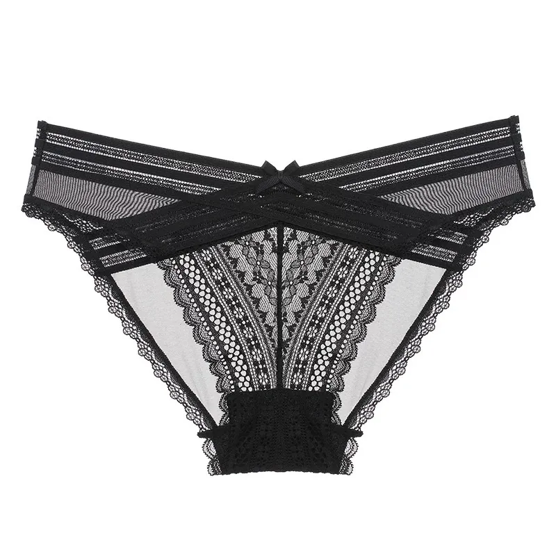 Dames Sexy Kant Onderbroeken Franse Stijl Ademend Lage Taille Katoenen Kruisje Briefs Met Strik Gekruiste Bandjes Nylon