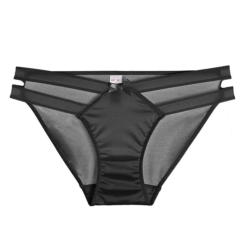 Women Sexy Hollow Out Satin Mesh Panties Low Waist Seamless Ice Silk Briefs With Bow Dating Lingerie Lady Underwear