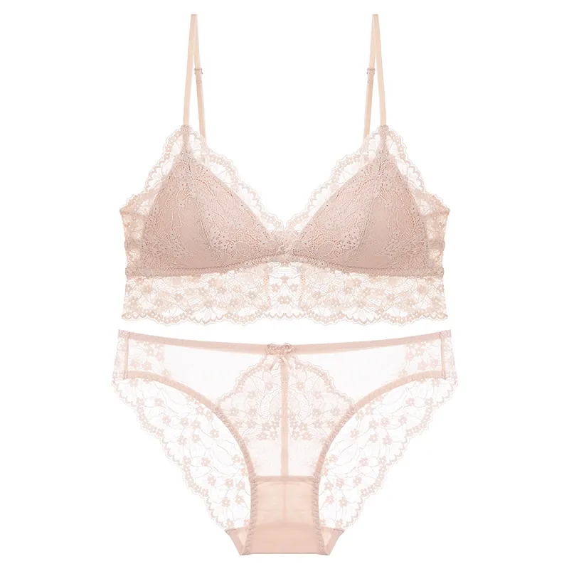 Ensemble Lingerie en Dentelle Sexy Style Français Soutien-gorge et Culotte Bonnet Triangle Sans Armature Broderie Florale