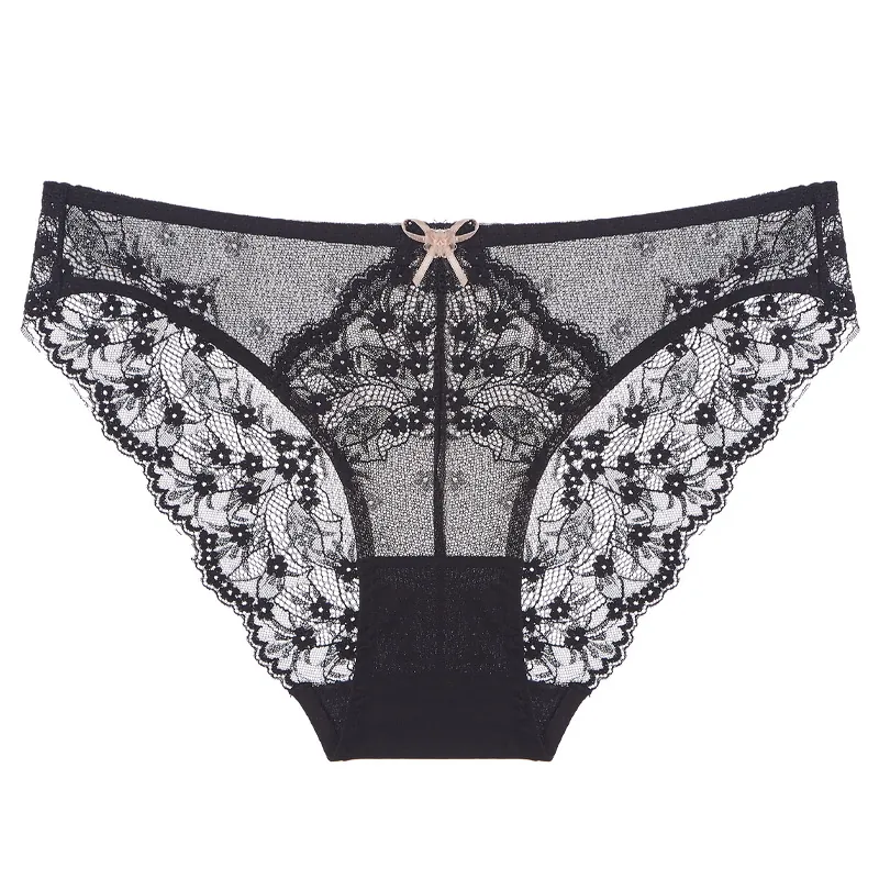 Women Sexy Floral Lace Panties Low Waist Breathable Mesh Briefs Lingerie Hollow Out Underwear With Bow Decor Plus Size