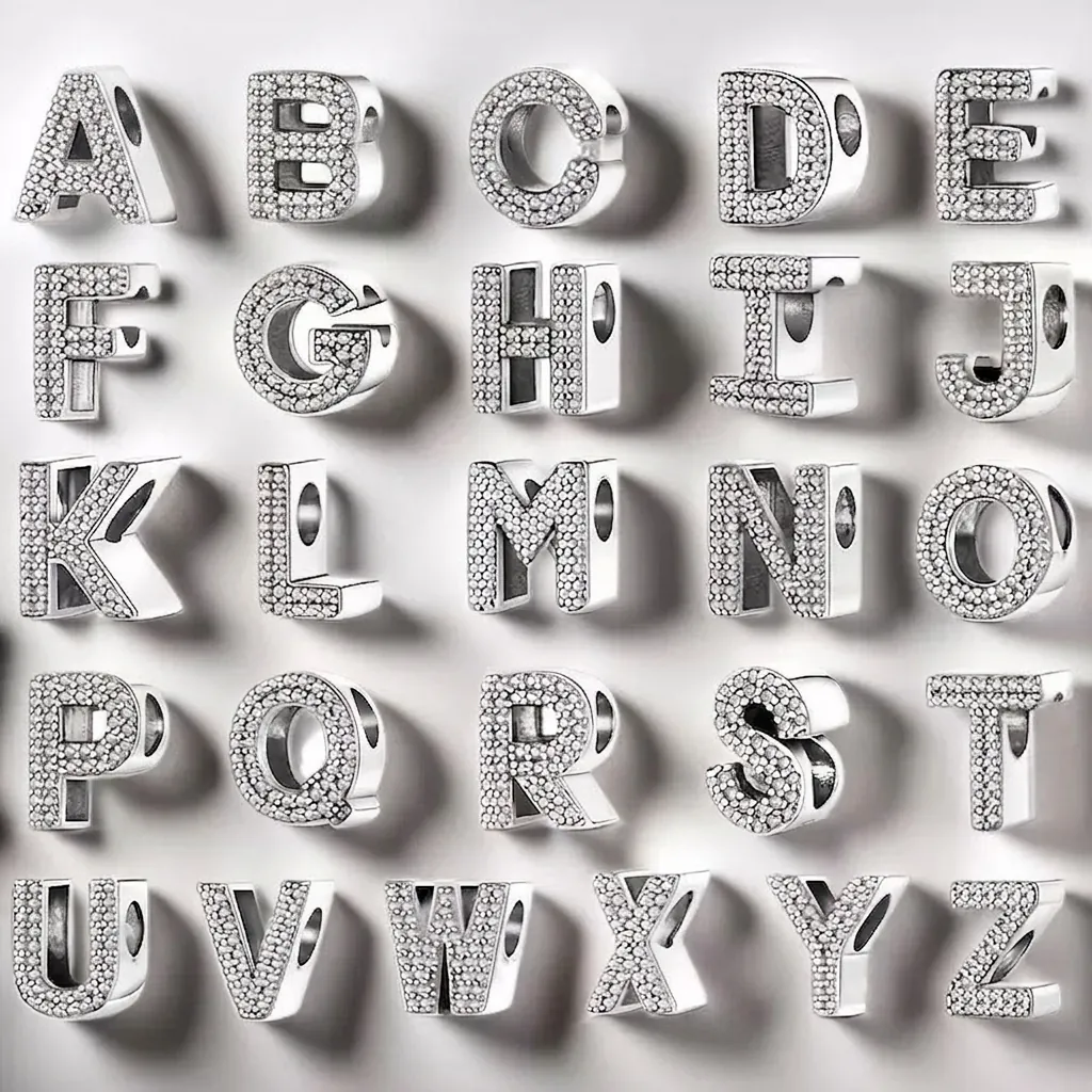 Alphabet Initial Letter Charm Bead Micro Pave Zircon Silver Plated Copper For DIY Bracelet Necklace Jewelry Making Fashion Women