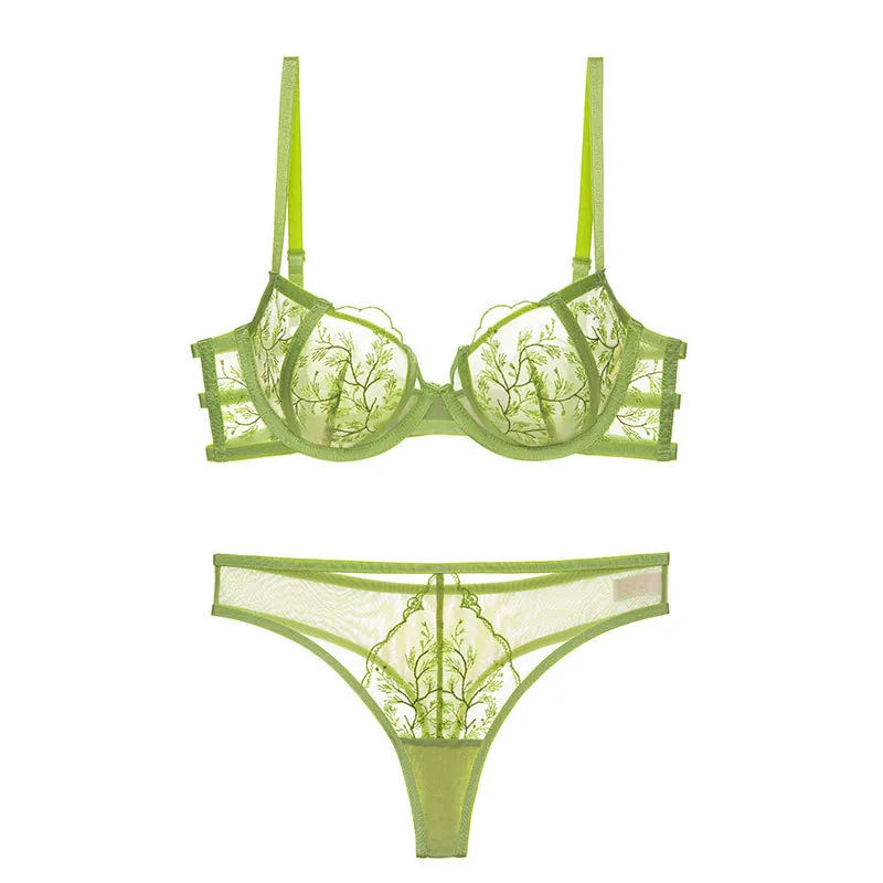 Sexy Lace Embroidered Lingerie Set For Women Ultra-Thin Sheer Mesh Bra and Thong Set Minimizer Push Up Underwear Top And Bottom