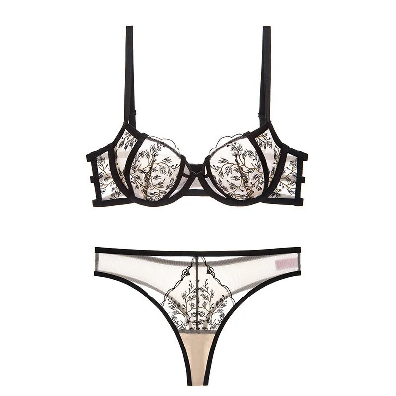 Sexy Französischer Stil Spitzenstickerei Lingerie Set Ultradünner Bügel Minimizer BH Und Thong Transparent Mesh Unterwäsche Top And Bottom Für Damen