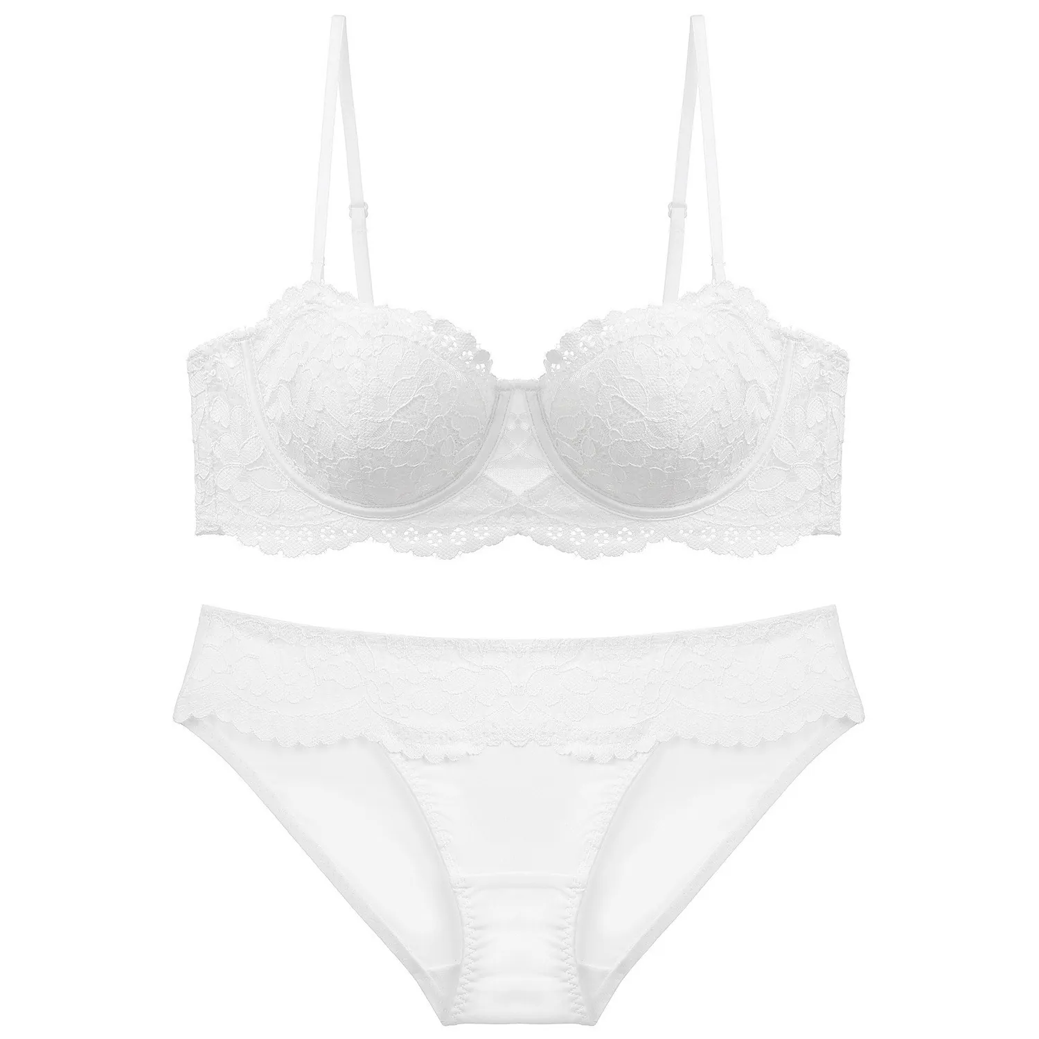 French Style Lace Bra Set For Women Sexy Transparent Floral Embroidered Lingerie Thin Molded Half Cup Top And Bottom