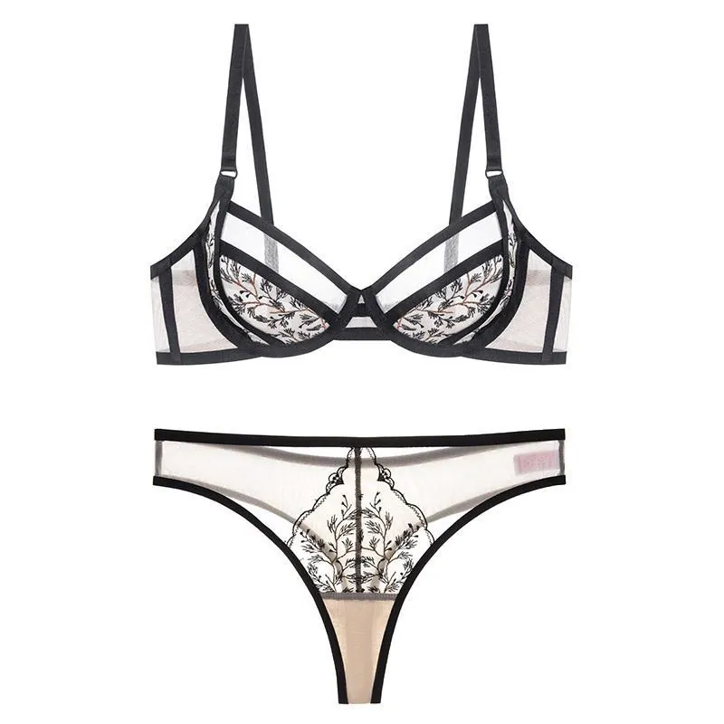 French Style Ultra-Thin Lace Embroidery Lingerie Set For Women Sexy Minimizer Bra And Thong Set Breathable Top And Bottom