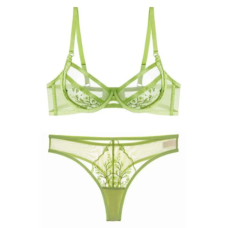 Sexy Broderie Dentelle Lingerie Français Ultra Mince Maille Soutien-Gorge Et Culotte Armature Respirant Femmes Ensemble Lingerie