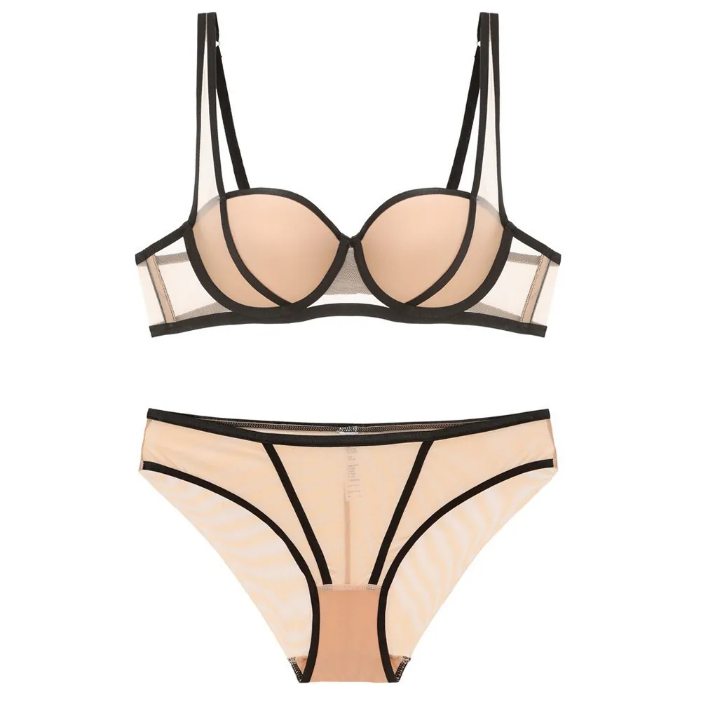 Intimo Donna Coordinato Reggiseno E Mutandine in Rete a Contrasto Nylon Spandex Push Up Traspirante Sexy Lingerie Moderno Minimalista