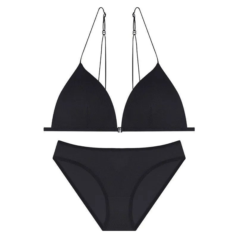 French Sexy Women Cotton Lingerie Ribbed Triangle Cup Bra Wireless Front Buckle Thin Shoulder Straps Beautiful Back Briefs